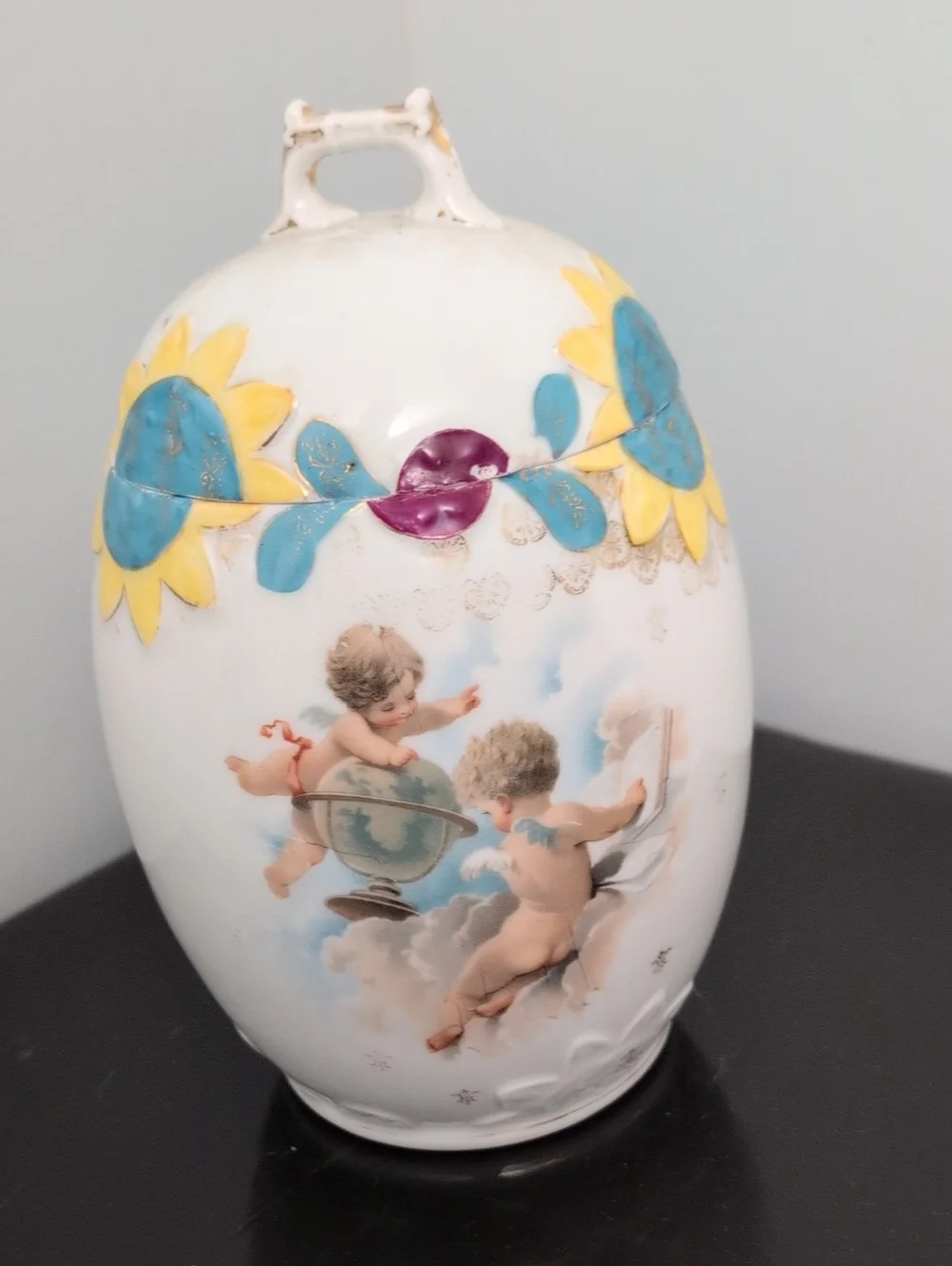Porcelain Cherub Decorative Jar in White with Yellow & Blue Accents